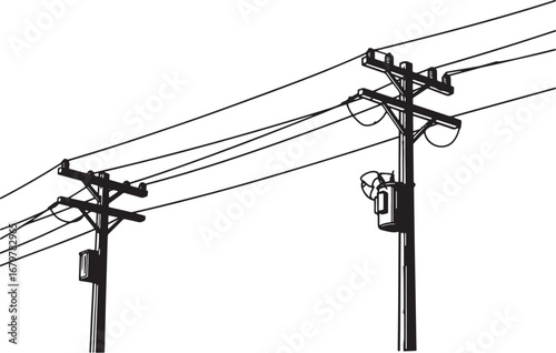 Monochrome depiction of overhead power lines and utility poles o