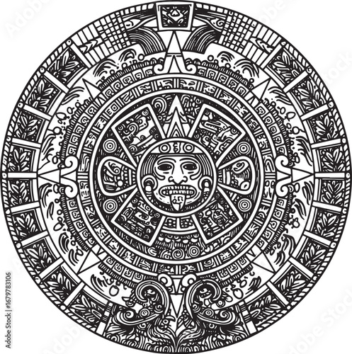 Elaborate Mayan Calendar Illustration, Black and White Detailed
