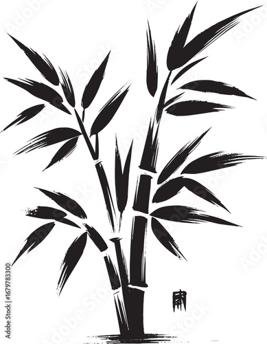 Elegant monochrome sumi-e illustration of bamboo plant with deli