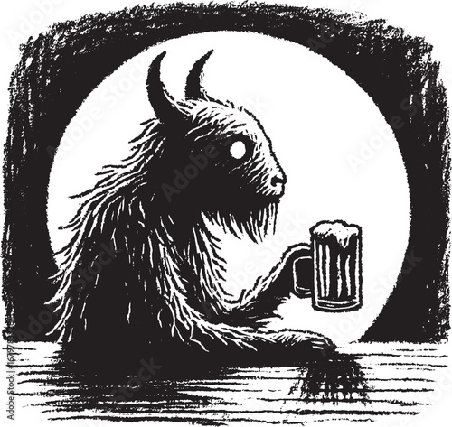 Whimsical Illustration of a Mythical Creature Enjoying a Beverage in a Moody Black and White Style