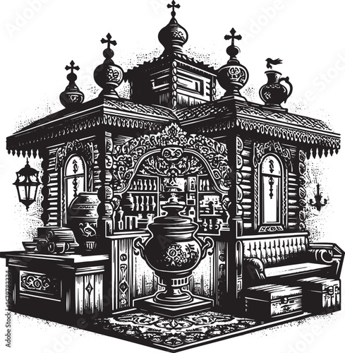 Intricate Black and White Illustration of a Traditional Russian Building with Architectural Details