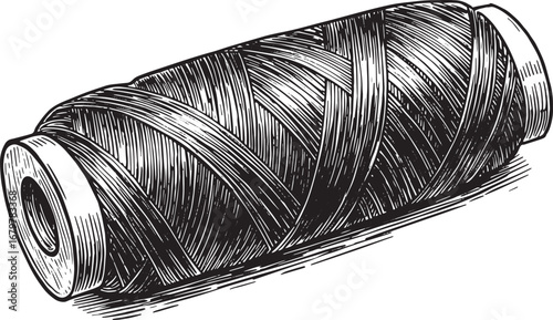 Intricate thread spool drawing, monochromatic illustration, deta