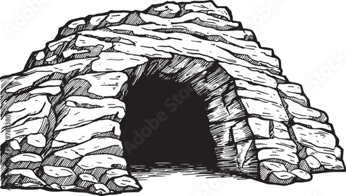 Monochrome Illustration of a Stone Cave Entrance with Bold Shadi