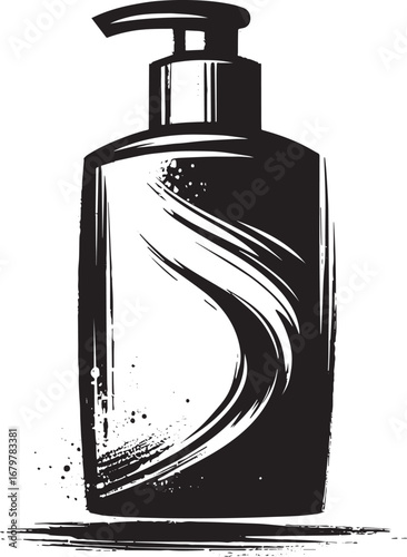 Elegant toiletry bottle icon with minimalist sumi-e brush stroke