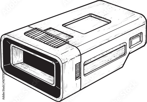 Abstract black and white line drawing of a futuristic scanning d