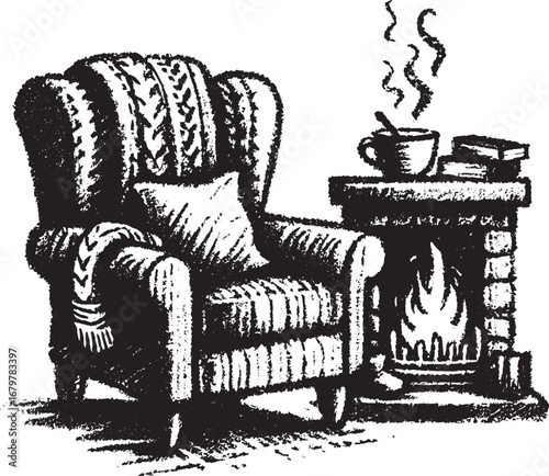 Cozy illustration of a comfortable armchair, fireplace, and hot beverage, perfect for relaxation