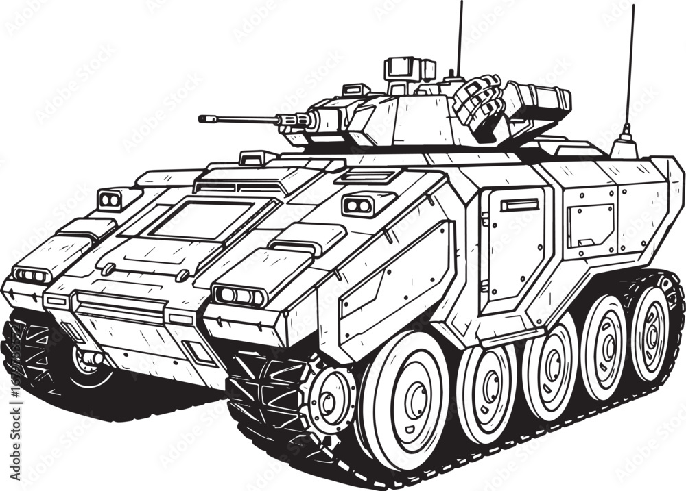 Futuristic armored vehicle concept in digital woodcut style, mon