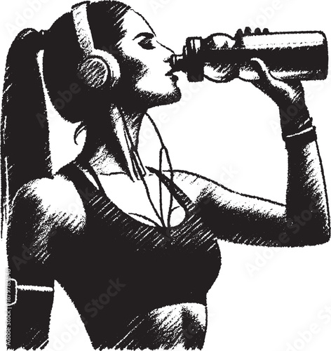 Black and White Illustration of a Woman Drinking Water After a Workout in a Gym