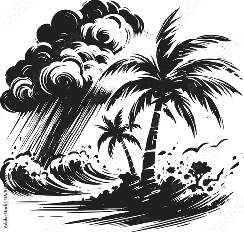 Monochrome tropical storm scene with palm trees and rain in ink