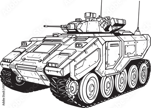 Futuristic armored vehicle concept in digital woodcut style, mon