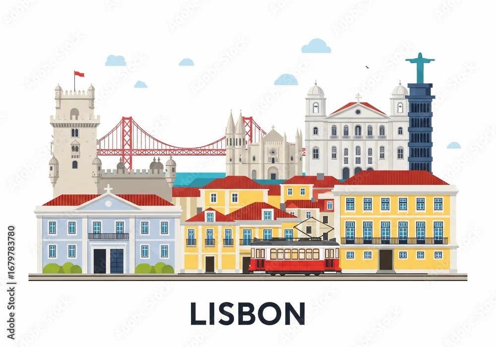 Fototapeta premium Colorful Lisbon City Skyline Vector Illustration Isolated on White Background