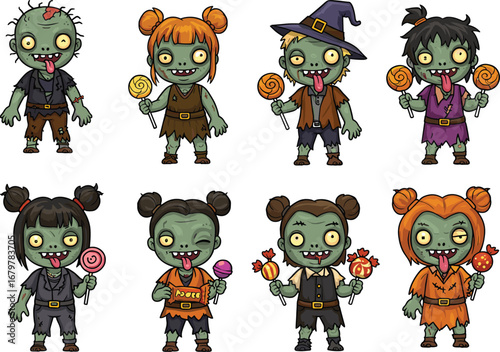 Cartoon Zombie Children with Halloween Costumes and Candy Props in Whimsical Spooky-Themed Poses on White Background for Kids Content