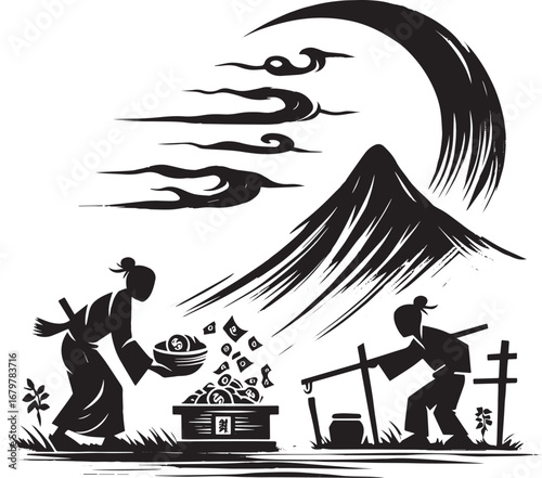 Minimalist sumi-e depicting the accumulation of wealth near moun