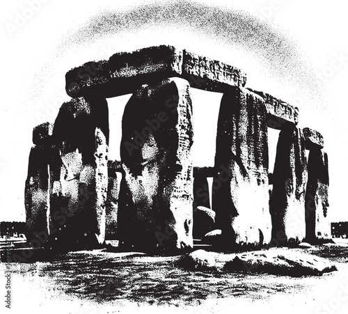 Detailed monochrome illustration of Stonehenge ancient monument with artistic texture