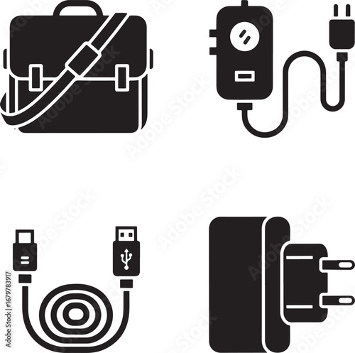 Gadgets and electronics in black and white showcasing business essentials and mobile accessories