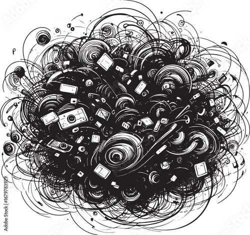 Abstract artistic illustration featuring swirling lines and scattered tech devices in black and