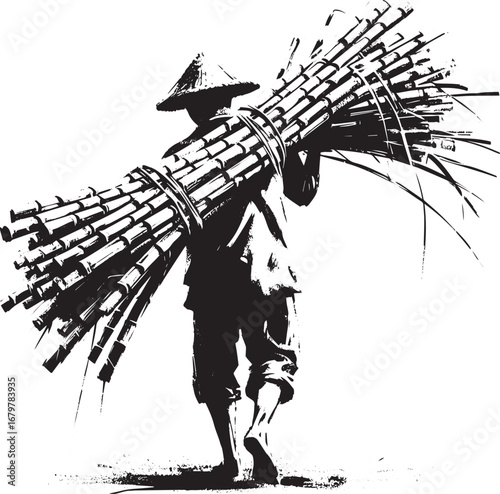 Sumi-e illustration of sugarcane farmer carrying harvest on shou