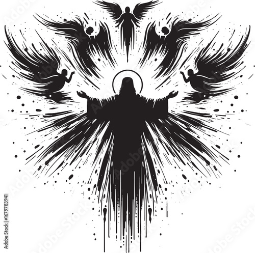 Dramatic depiction of Jesus Christ with angels, a powerful religious symbol in monochrome art