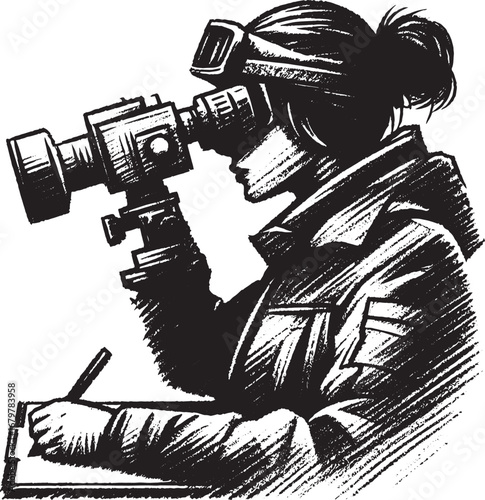 Illustration of a person looking through a vintage camera, taking notes, artistic monochrome style