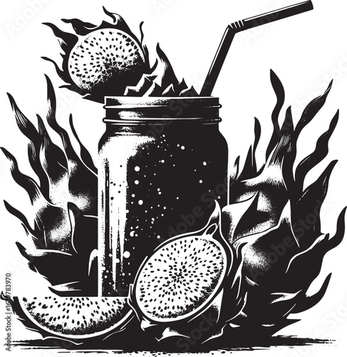 Black and white illustration of a dragon fruit smoothie in a jar with a straw design