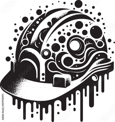 Artistic Black and White Illustration of a Construction Helmet with Abstract Decorative Elements