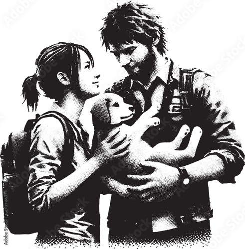 A heartwarming illustration of a couple holding a puppy, symbolizing love and companionship