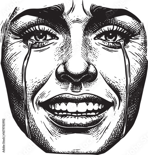Expressive Woodcut of a Crying Face Conveying Complex Emotions i