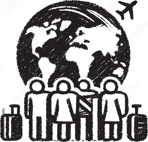 Illustration of a group of people ready for international travel with luggage and airplane