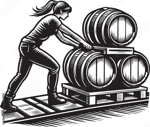 Illustration of a Woman Pushing Wine Barrels on a Pallet, Wine Industry Concept