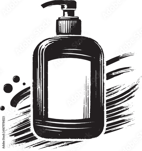 Elegant toiletry bottle icon with minimalist sumi-e brush stroke