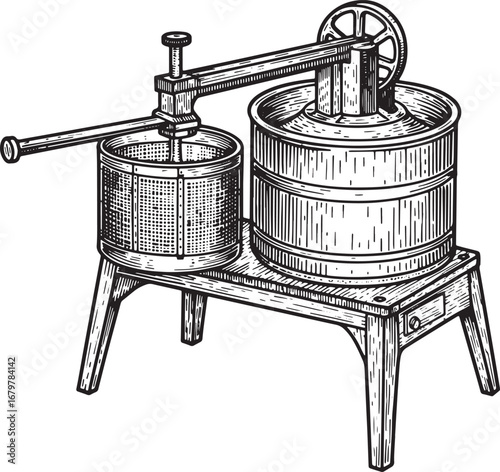 Detailed Woodcut Illustration of a Vintage Honey Extractor Machi