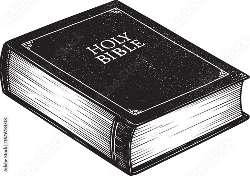 A Woodcut Style Illustration of a Holy Bible with Isolated White