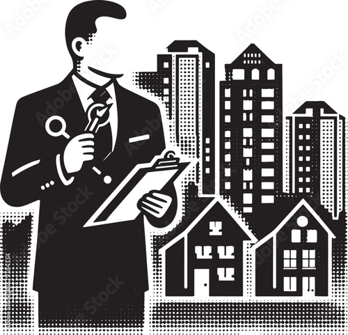 Real Estate Inspector Examining Buildings and Houses with Tools in Urban Landscape Illustration