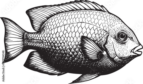 Elegant woodcut drawing of a tropical fish, intricate scales, bl