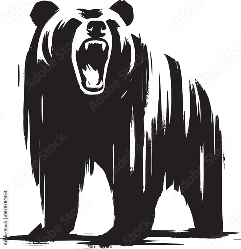 An aggressive black and white illustration of a grizzly bear roaring, a wildlife vector
