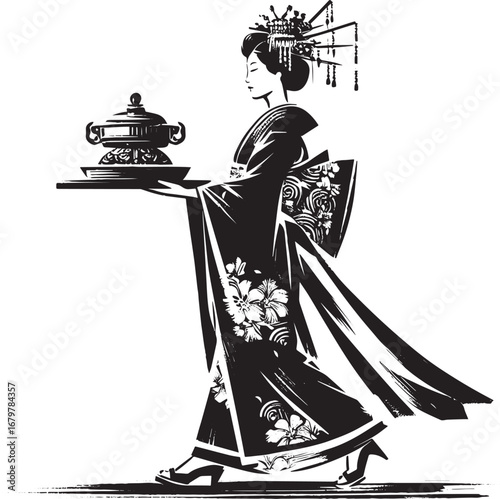 Elegant woman in traditional attire carrying an offering platter