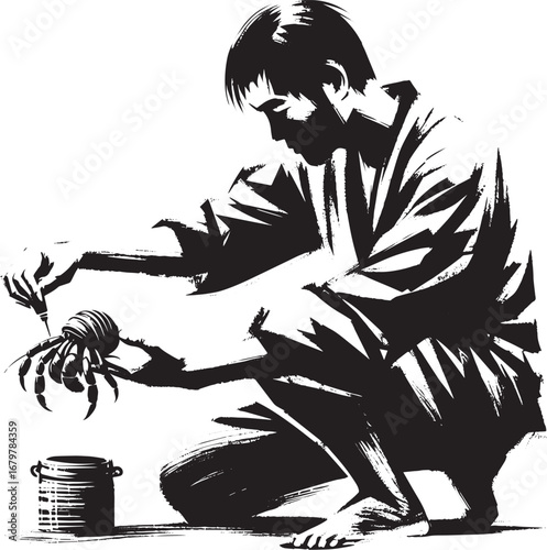 Artistic sumi-e illustration of a man carefully examining a herm
