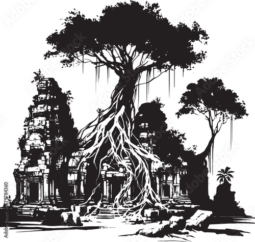Illustration of Angkor Wat temple with large tree roots enveloping the ancient structure