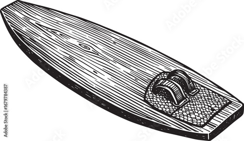 Skimboard art in woodcut style, showcasing classic design in mon
