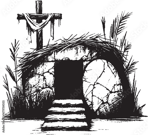 Black and white illustration of the empty tomb with cross, symbolizing resurrection and faith