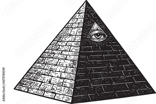 Monochrome pyramid with all-seeing eye, enigmatic symbol of anci