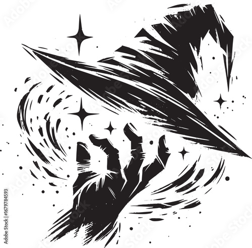 Mystical wizardry icon in sumi-e brushstroke, simple magic emble