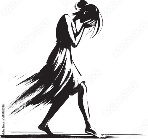 Poignant brush stroke illustration of a grieving woman caught mi