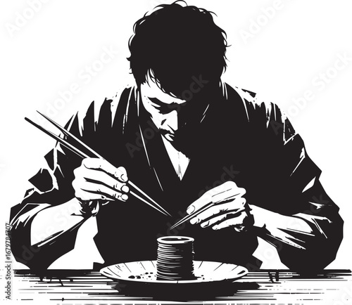 Sumi-e illustration of a man meticulously plating food with chop