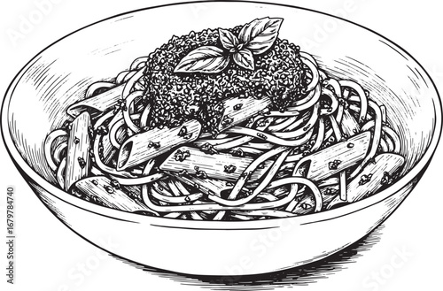 Elegant monochrome woodcut of pasta with vibrant pesto in a whit
