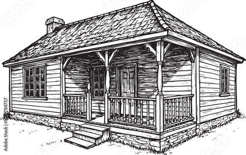 Classic woodcut illustration of a cottage with porch evoking rus