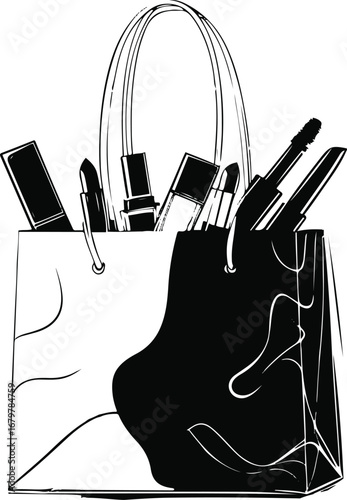 Minimal line art cosmetic shopping bag with makeup products inside, elegant abstract vector outline 2