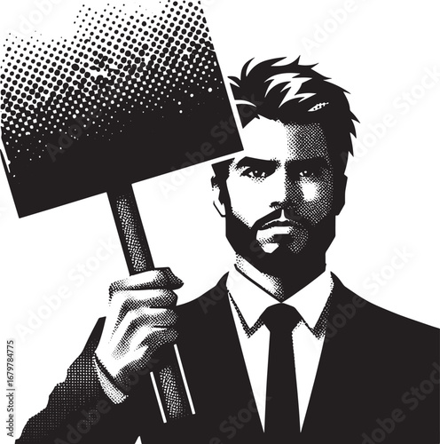 Monochrome Illustration of a Man in a Suit Holding a Sign, Protesting or Demonstrating