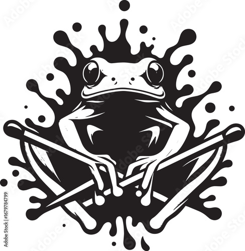 Unique Black and White Illustration of a Frog with Drumsticks and Splatter Art Design