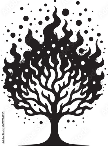 Abstract black and white illustration of a tree with flames and dots, a visual metaphor